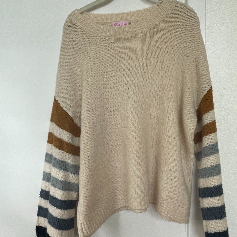 Pink Lily Oversized Knit Cream Sweater with Stripe Sleeves, M, HL122519P21